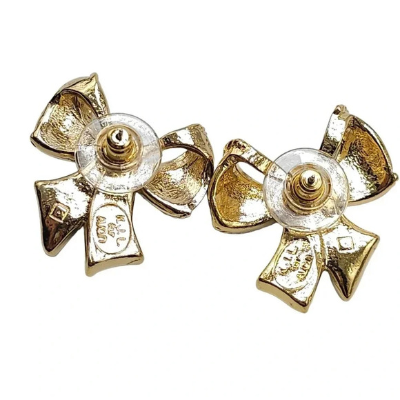 K.J.L Kenneth Jay Lane for Avon Black Enamel Bow Earrings Gold Tone Vintage - Picture 3 of 5